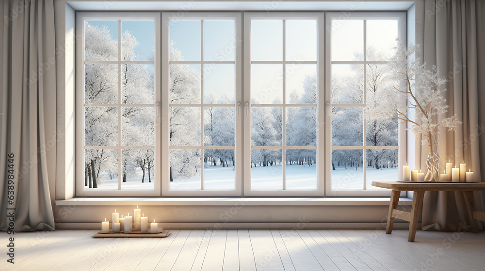 Fototapeta premium Window view of a wintery scene in a white, empty room. Scandinavian style in decorating. Generative AI
