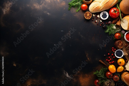 Food theme banner or poster design with vegetables and ingredients on the border and copy space in the middle
