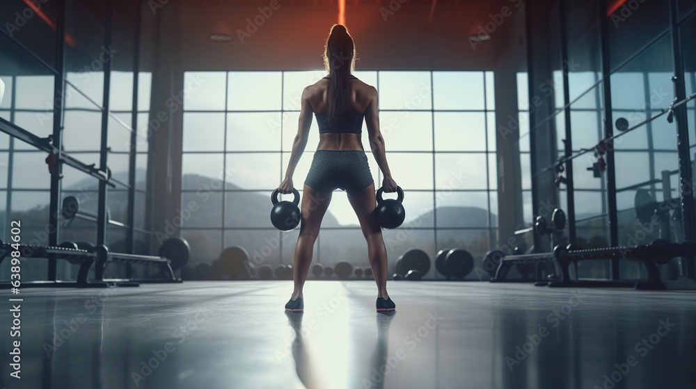 A girl in shorts is doing a workout with an iron kettlebell. A sporty woman with dark hair is squatting with a kettlebell in a gym. Generative AI - obrazy, fototapety, plakaty 