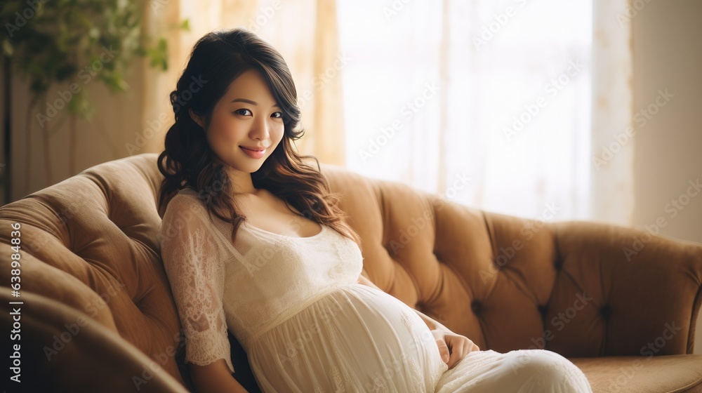 Young Asian pregnant woman relaxing in the room while looking at camera. Young Asian pregnant woman relaxing in the room while looking at camera.