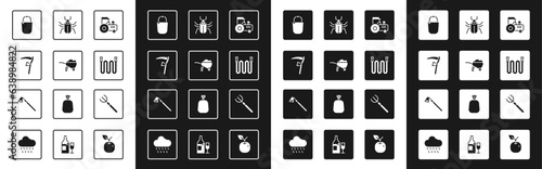 Set Tractor, Wheelbarrow with dirt, Scythe, Bucket, Garden hose, Insect fly, pitchfork and hoe icon. Vector