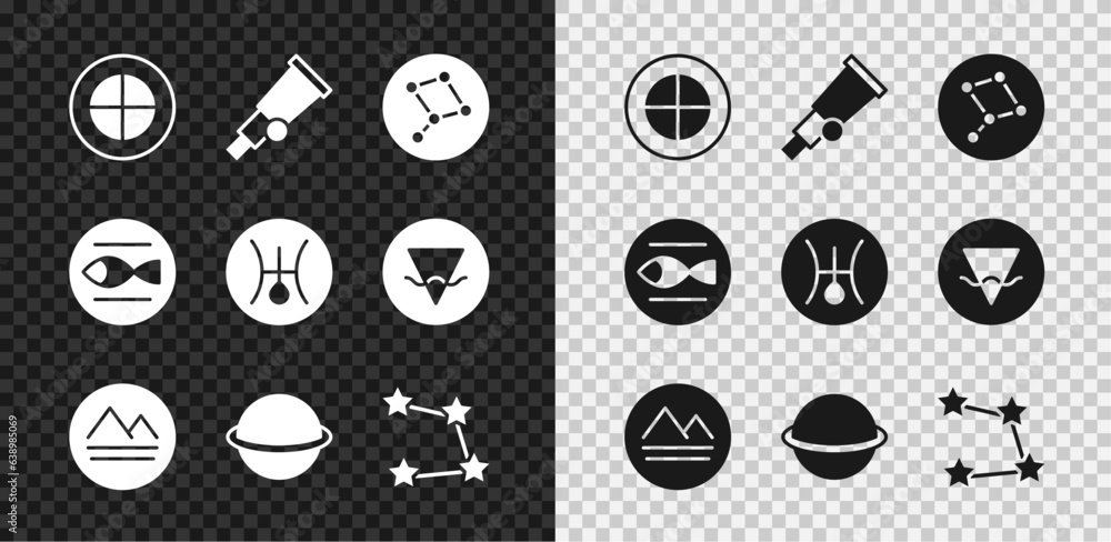Set Earth globe, Telescope, Great Bear constellation, element, Planet Saturn, Star zodiac, Pisces and Symbol Uranus icon. Vector