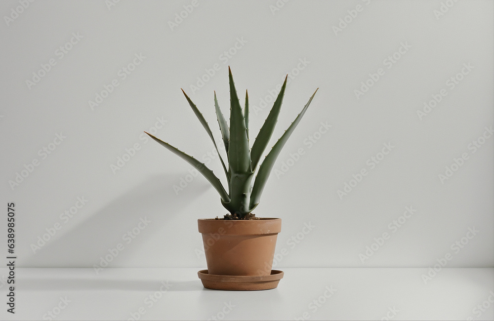Fototapeta premium single potted plant on table white canvas background ,white studio background, white ambient background, abstract white background wall . AI Generative
