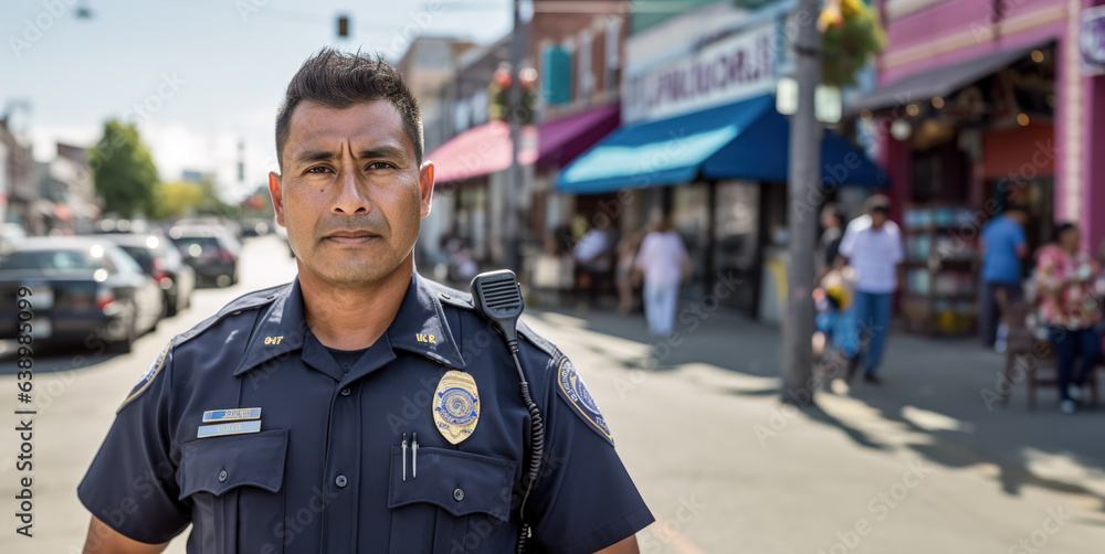 Man working as police officer or cop, closeup portrait, blurred city background. Generative AI Man working as police officer or cop, closeup portrait, blurred city background. Generative AI