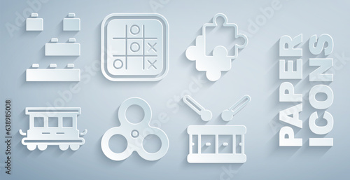Set Fidget spinner, Puzzle pieces toy, Passenger train cars, Drum with drum sticks, Tic tac toe game and Toy building block bricks icon. Vector