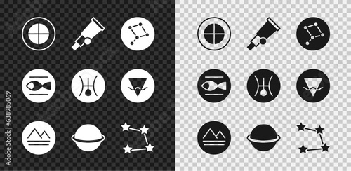 Set Earth globe, Telescope, Great Bear constellation, element, Planet Saturn, Star zodiac, Pisces and Symbol Uranus icon. Vector