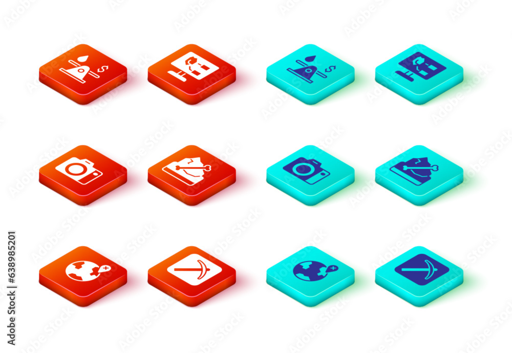 Set Location on the globe, Pickaxe, Photo camera, Archeology, Soil analysis and Oil money icon. Vector Set Location on the globe, Pickaxe, Photo camera, Archeology, Soil analysis and Oil money icon. Vector