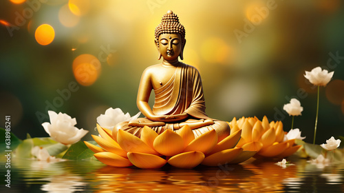 Buddha standing on lotus flower on orange background. Generative AI