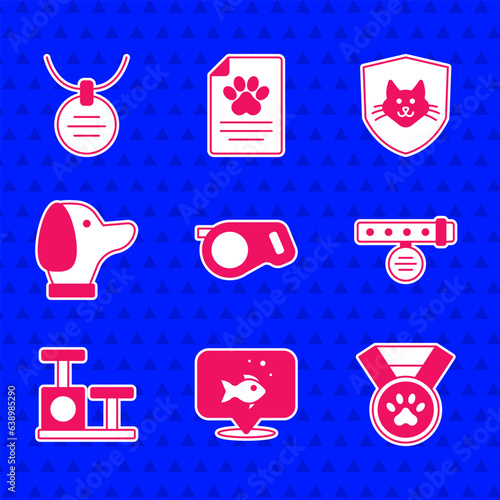 Set Retractable cord leash, Fish, Pet award symbol, Collar with name tag, Cat scratching post toy, Dog, Animal health insurance and icon. Vector