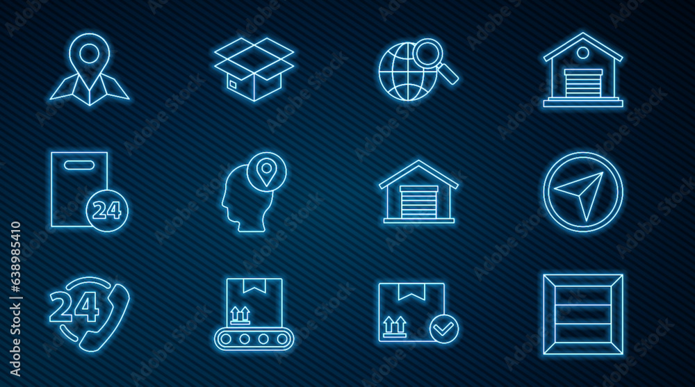 Set line Wooden box, Infographic of city map navigation, Magnifying glass with globe, Delivery man cardboard boxes, Placeholder paper, Warehouse and Carton icon. Vector Set line Wooden box, Infographic of city map navigation, Magnifying glass with globe, Delivery man cardboard boxes, Placeholder paper, Warehouse and Carton icon. Vector