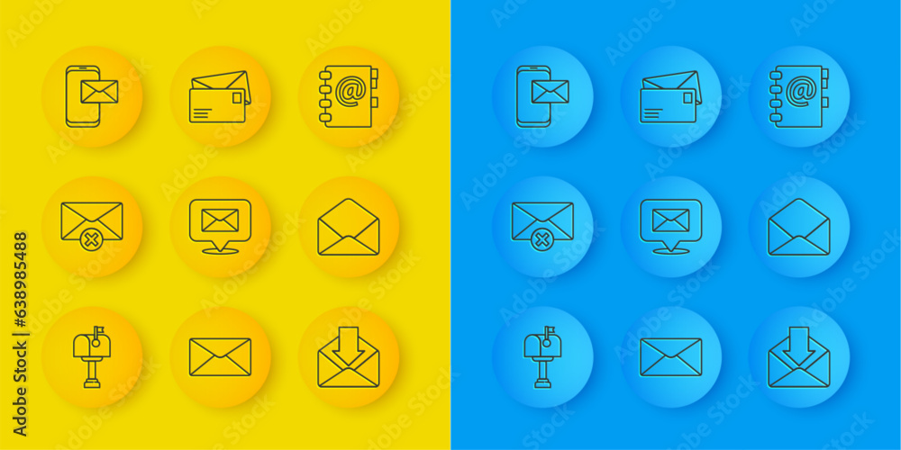 Set line Mail box, Delete envelope, Speech bubble with, Envelope, Mobile and, Address book and icon. Vector Set line Mail box, Delete envelope, Speech bubble with, Envelope, Mobile and, Address book and icon. Vector