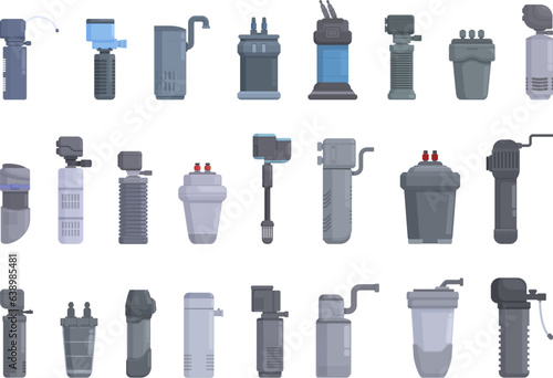 Aquarium Filter icons set cartoon vector. Care water. Fish kit