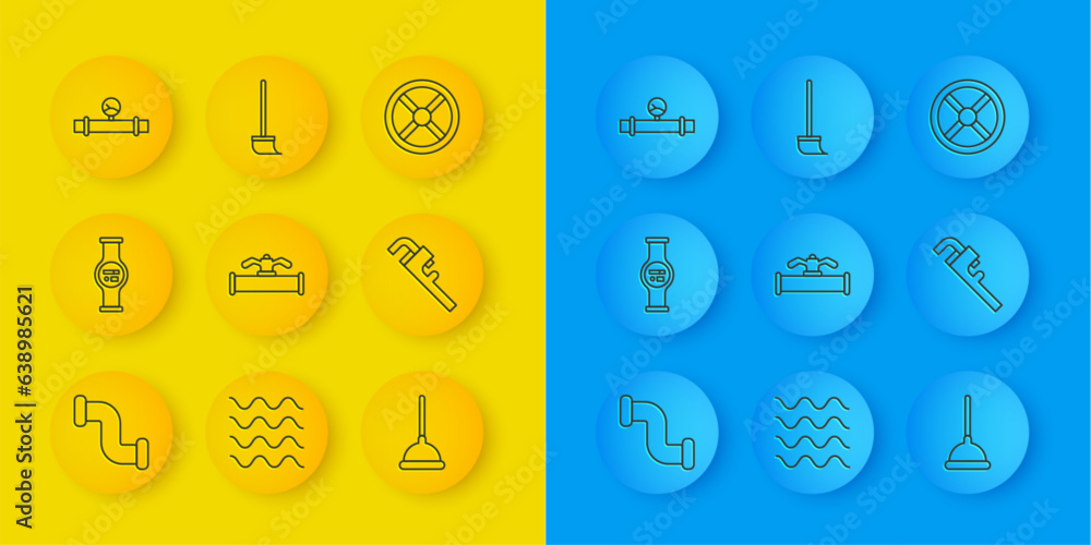 Set line Industry metallic pipe, Water meter, and valve, Rubber plunger, Pipe adjustable wrench, manometer, and Mop icon. Vector Set line Industry metallic pipe, Water meter, and valve, Rubber plunger, Pipe adjustable wrench, manometer, and Mop icon. Vector