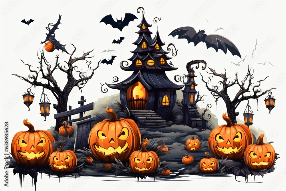 Graphic illustration of a spooky and scary castle with Halloween theme