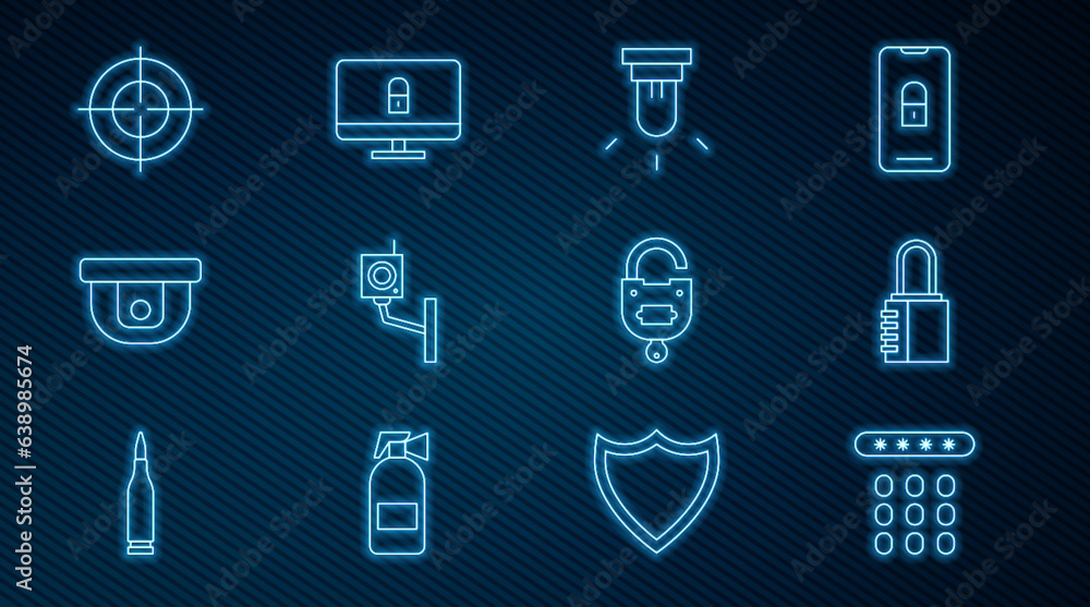 Set line Password protection, Safe combination lock, Motion sensor, Security camera, Target sport, Lock and key and computer monitor icon. Vector