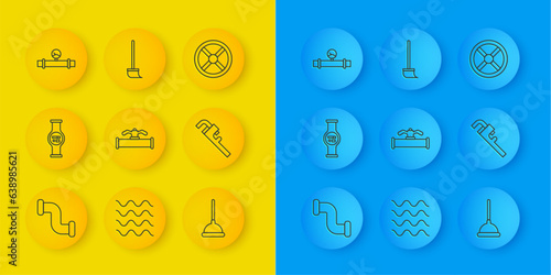 Set line Industry metallic pipe, Water meter, and valve, Rubber plunger, Pipe adjustable wrench, manometer, and Mop icon. Vector