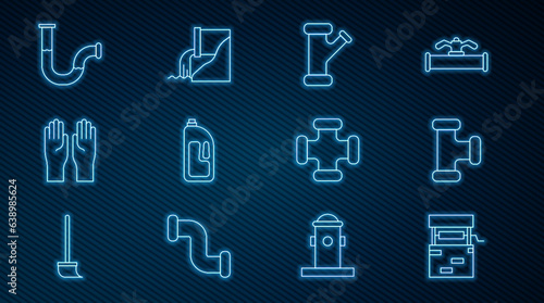Set line Well, Industry metallic pipe, Container with drain cleaner, Rubber gloves, and Wastewater icon. Vector