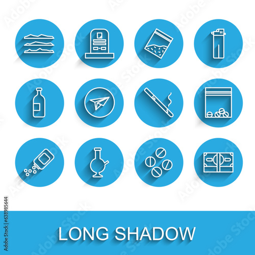 Set line Medicine bottle and pills, Glass bong for smoking marijuana, Cocaine heroin drug, tablet, Stacks paper money cash, Messenger, Plastic bag of and Cigarette icon. Vector