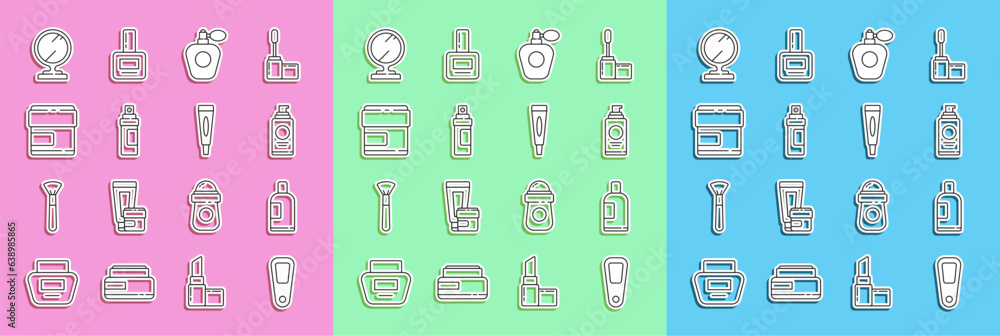 Set line Hand mirror, Bottle of shampoo, Spray can for hairspray, Perfume, Cream lotion cosmetic tube, Round makeup and icon. Vector Set line Hand mirror, Bottle of shampoo, Spray can for hairspray, Perfume, Cream lotion cosmetic tube, Round makeup and icon. Vector