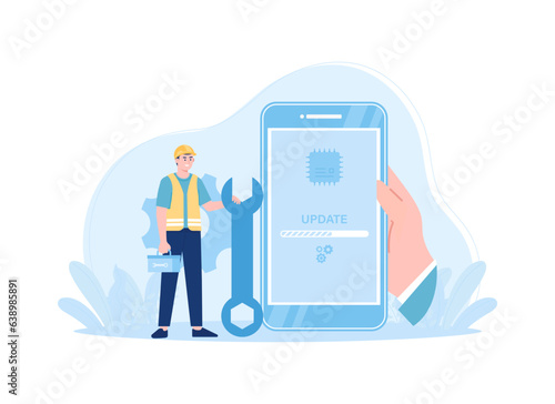 man is updating device software concept flat illustration