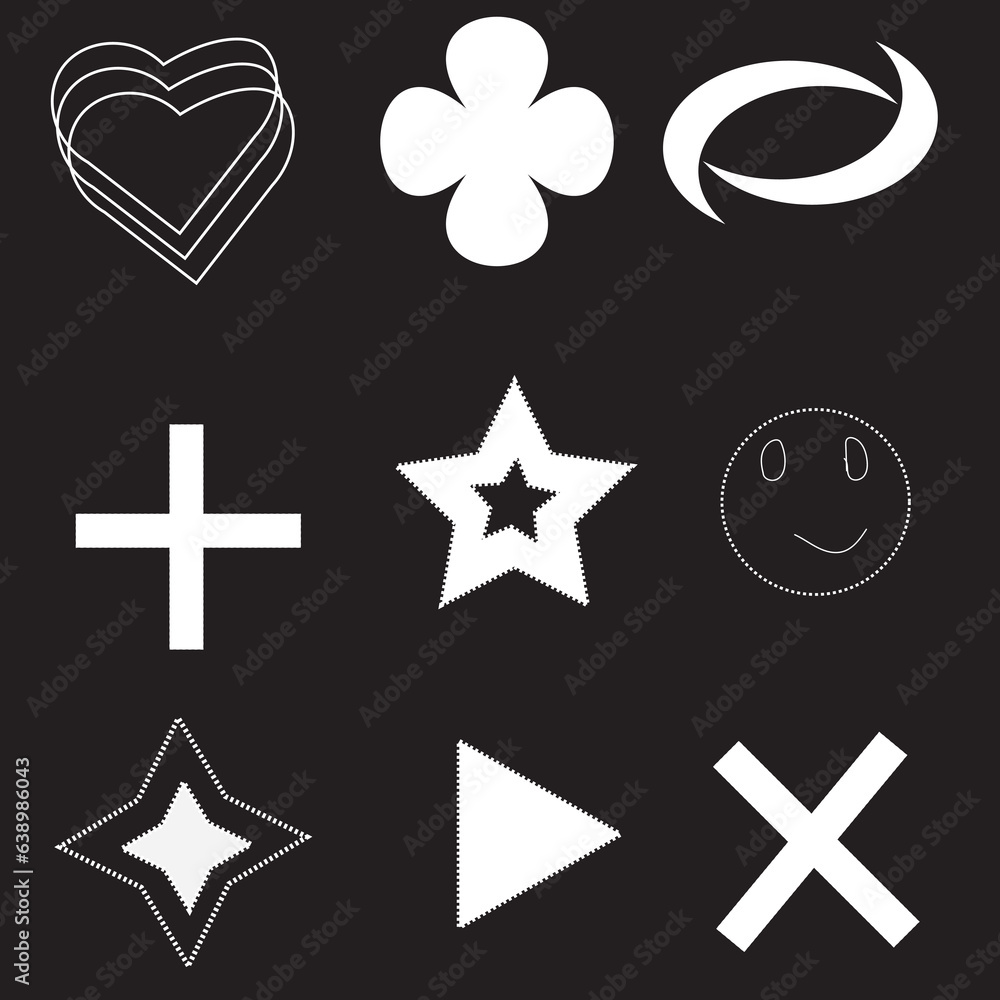 Vector Graphic Assets Set. Bold modern Shapes for Posters Template, flyers, clothes, social media, graphic design, sticker, In Y2k style, Futuristic, Anti-design, Digital Collage, Retro . Vector Graphic Assets Set. Bold modern Shapes for Posters Template, flyers, clothes, social media, graphic design, sticker, In Y2k style, Futuristic, Anti-design, Digital Collage, Retro .