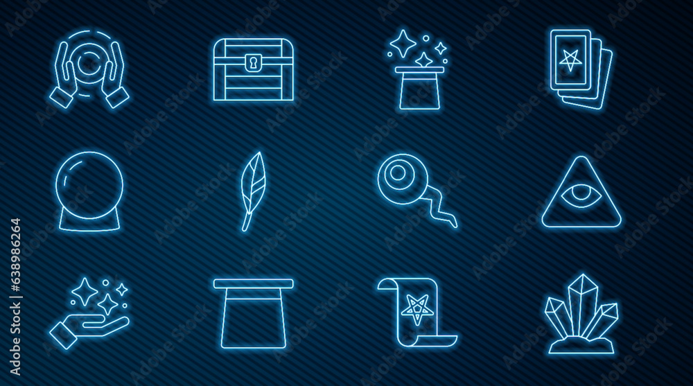 Set line Magic stone, Masons, hat, feather, ball, hand, Eye and Antique treasure chest icon. Vector Set line Magic stone, Masons, hat, feather, ball, hand, Eye and Antique treasure chest icon. Vector