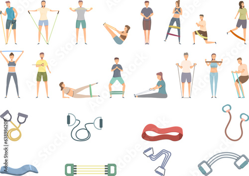 Resistance Bands icons set cartoon vector. People gym. Health sport