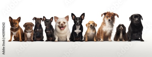 Group of dogs in front of a white background with space for text