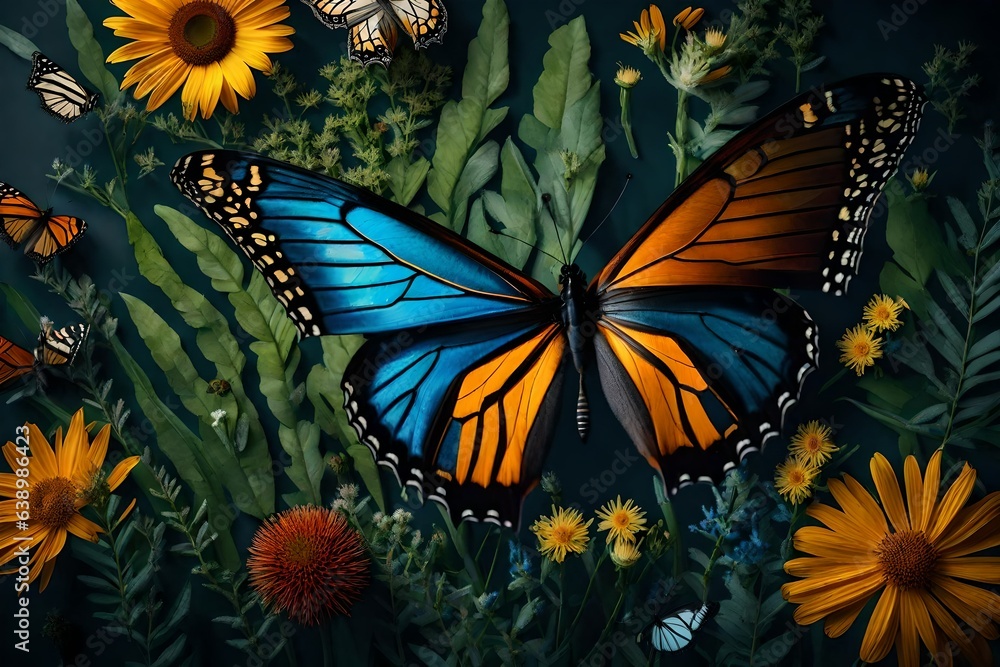 A butterfly made up of various flora and fauna elements, symbolizing the interconnectedness of nature A butterfly made up of various flora and fauna elements, symbolizing the interconnectedness of nature