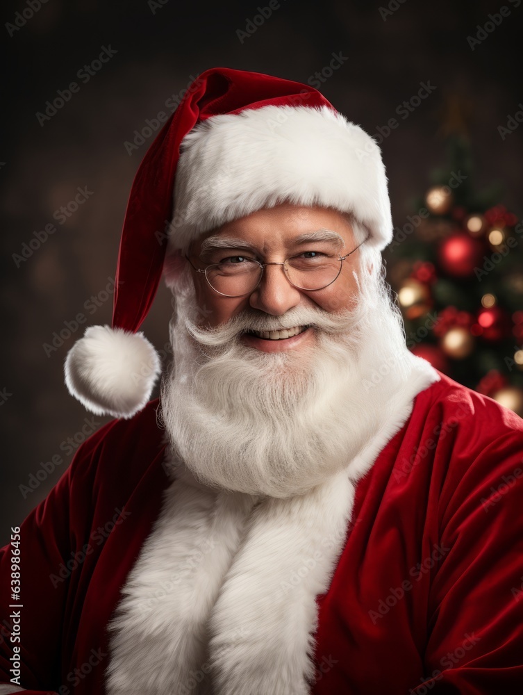Photo of a person dressed as Santa Claus sitting in front of a festive Christmas tree created with Generative AI technology Photo of a person dressed as Santa Claus sitting in front of a festive Christmas tree created with Generative AI technology