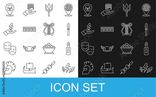 Set line Zeus, Bottle of olive oil, Medieval spear, Neptune Trident, Ancient Greek pattern, helmet and lyre icon. Vector