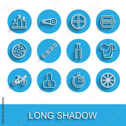 Set line Bicycle, seat, Award over sports winner podium, Stopwatch, wheel, chain, Cycling t-shirt and fork icon. Vector