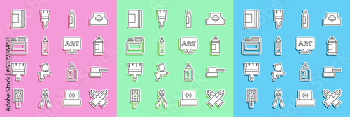 Set line Paint spray can, Spray nozzle cap, Marker pen, Paint, gouache, jar, dye, Spiral notebook and Speech bubble with text art icon. Vector