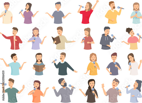 Singing icons set cartoon vector. Kid school. Piano dance
