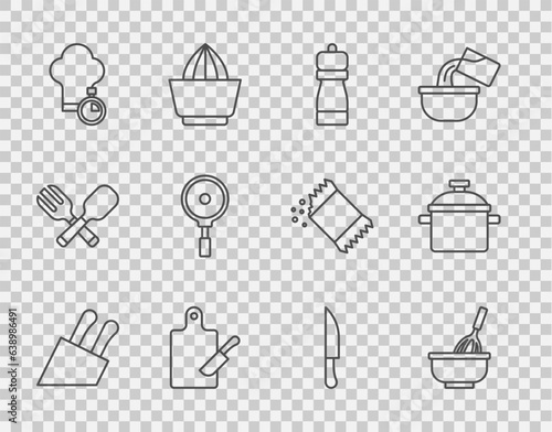 Set line Knife, Kitchen whisk with bowl, Pepper, Cutting board and knife, Chef hat, Frying pan, and Cooking pot icon. Vector