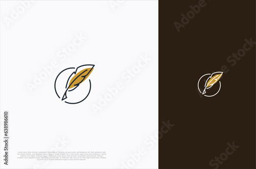 Creative quill classic signature feather ink pen. Writer, lawyer, law firm symbol. Vector design template