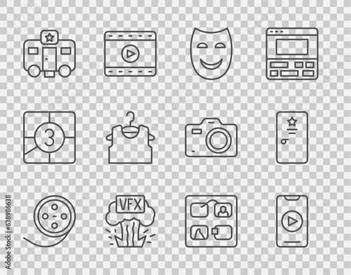 Set line Film reel, Online play video, Comedy theatrical mask, VFX, Actor trailer, Sleeveless T-shirt, Storyboard and Backstage icon. Vector