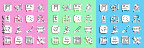 Set line Censored stamp, Speech bubble chat, Peace, Envelope with question mark, Law book and Hospital signboard icon. Vector