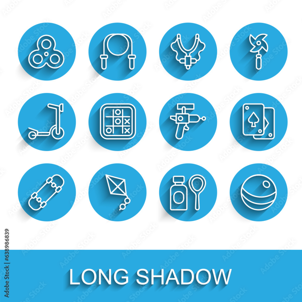 Set line Skateboard, Kite, Fidget spinner, Soap bubbles bottle, Beach ball, Tic tac toe game, Playing cards and Ray gun icon. Vector Set line Skateboard, Kite, Fidget spinner, Soap bubbles bottle, Beach ball, Tic tac toe game, Playing cards and Ray gun icon. Vector