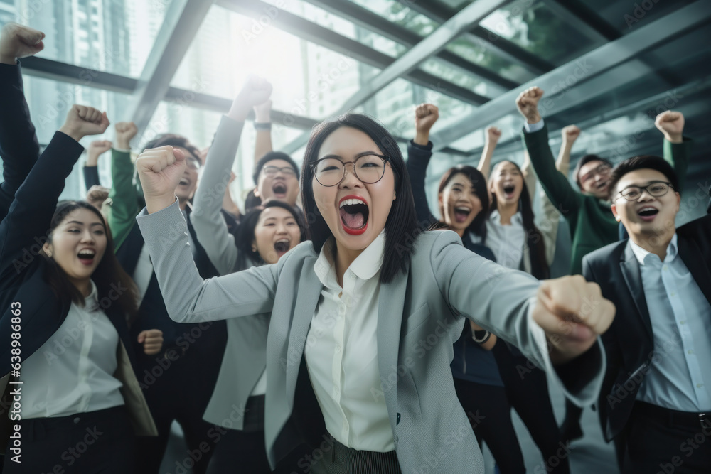 Obraz premium A team of young asian Employees celebrates success and cheering as they hit their goals.
