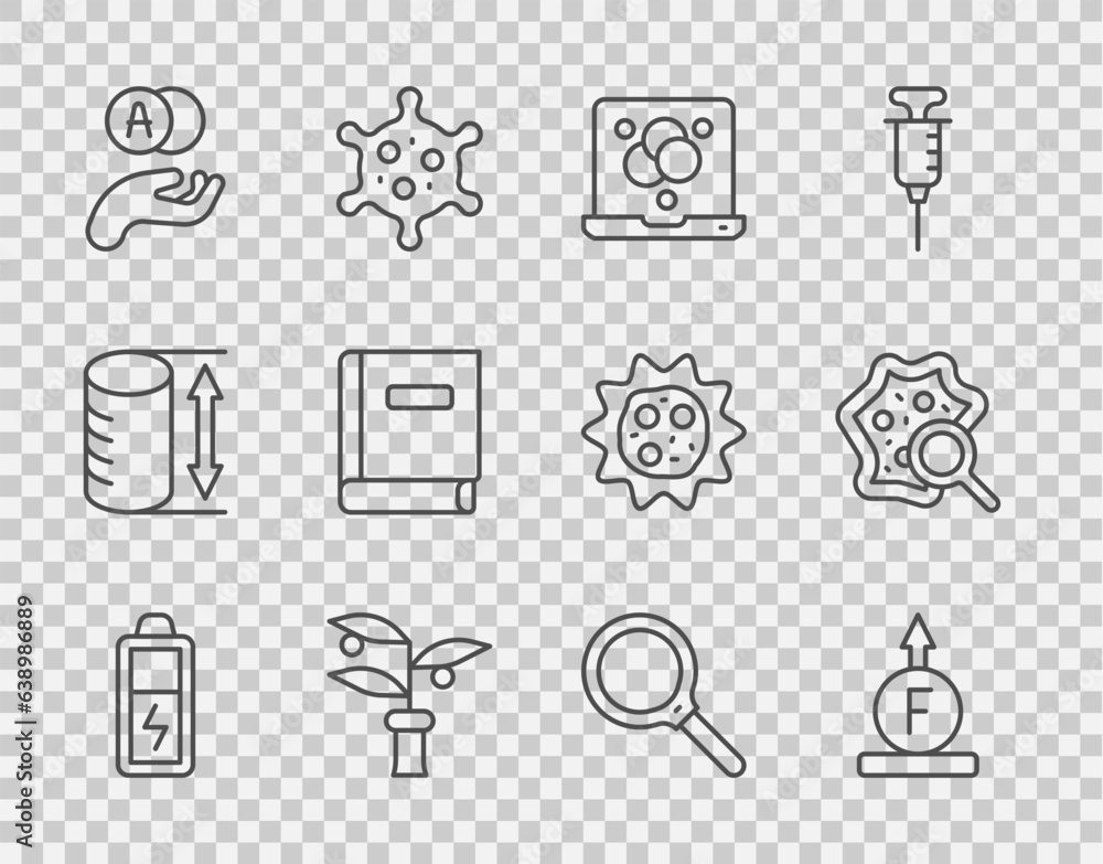 Set line Battery, Force of physic formula, Chemical, Plant breeding, Atom, Science book, Magnifying glass and Microorganisms under magnifier icon. Vector Set line Battery, Force of physic formula, Chemical, Plant breeding, Atom, Science book, Magnifying glass and Microorganisms under magnifier icon. Vector