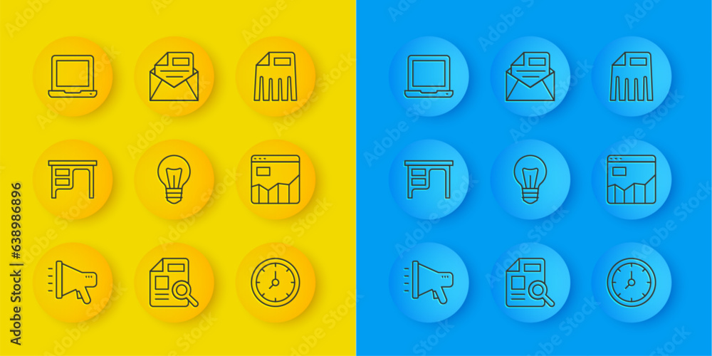 Set line Megaphone, Office desk, Light bulb, Clock, Graph chart infographic, Laptop, Paper shredder and Mail and e-mail icon. Vector Set line Megaphone, Office desk, Light bulb, Clock, Graph chart infographic, Laptop, Paper shredder and Mail and e-mail icon. Vector