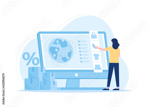woman is doing online shopping using computer concept flat illustration