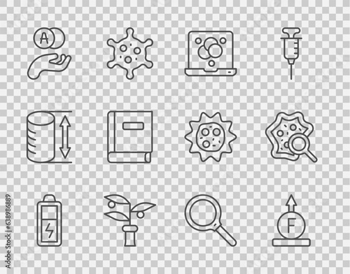 Set line Battery, Force of physic formula, Chemical, Plant breeding, Atom, Science book, Magnifying glass and Microorganisms under magnifier icon. Vector