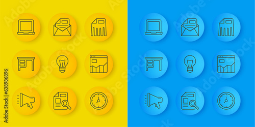 Set line Megaphone, Office desk, Light bulb, Clock, Graph chart infographic, Laptop, Paper shredder and Mail and e-mail icon. Vector