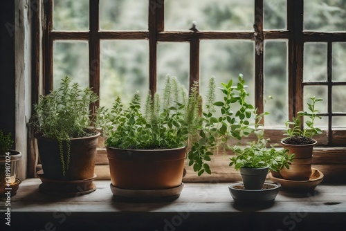 mini plants and herbs placed on a vintage windowsill, blending organic elements with polished style