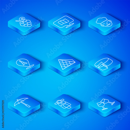 Set line Umbrella for beach, Louvre glass pyramid, Scooter, Cheese, Cook, Eiffel tower, Grape fruit and Wine icon. Vector