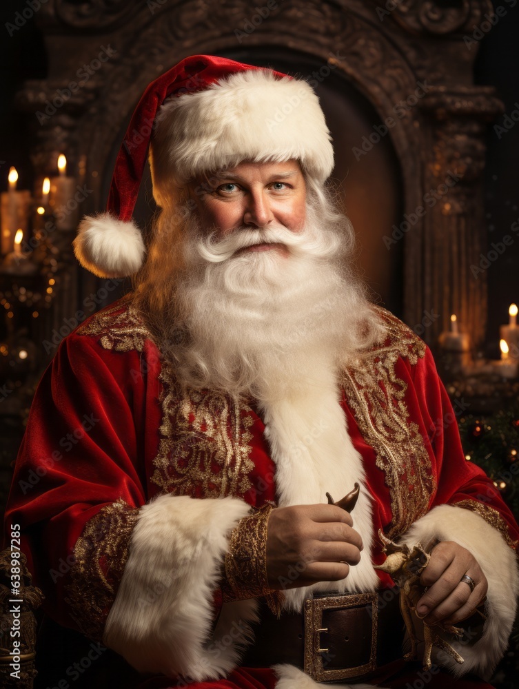 Photo of a person dressed as Santa Claus sitting in front of a festive Christmas tree created with Generative AI technology Photo of a person dressed as Santa Claus sitting in front of a festive Christmas tree created with Generative AI technology