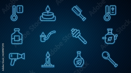 Set line Sauna ladle, Teapot with leaf, brush, Bottle of vodka, thermometer, Honey dipper stick and Aroma candle icon. Vector