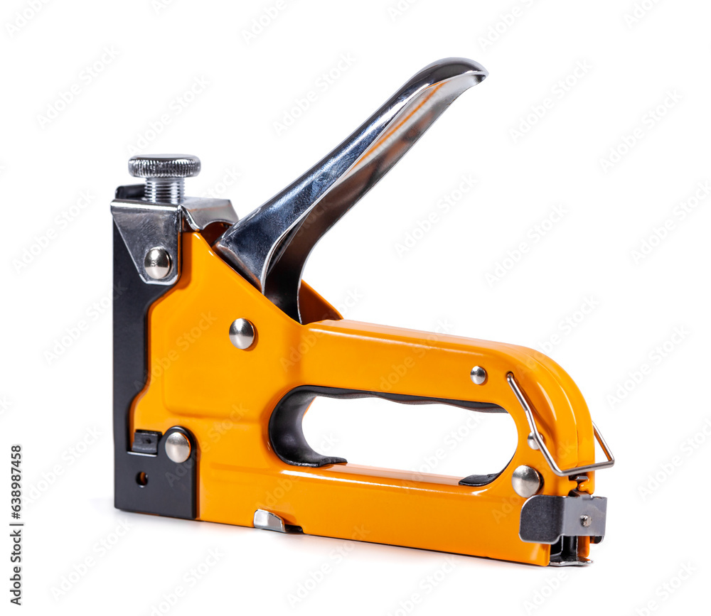 Industrial stapler for driving staples on a white background